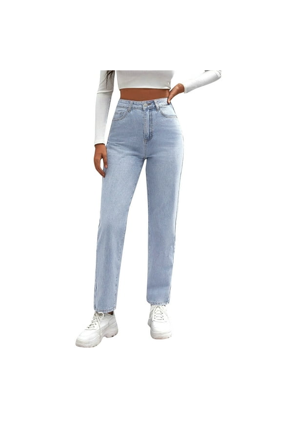 Super Straight Elastic Denim Pocket Jeans Solid Waist Slim Button Pants Women's Jeans New Direction on Pants Denim Women Pants Light Blue XL
