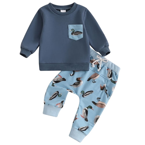 Quealent Toddler Baby Boy Hunting Camouflage Outfit Crewneck Sweatshirt Camo Patch Pocket Pants 2Pcs Fall Infant Casual Set (Blue, 18-24 Months)