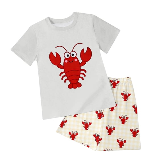 Quealent Toddler Baby Boy Shorts Set Seafood Embroidered Short Sleeve T-shirts Plaid Elastic Waist Shorts Summer Clothes Beige for Size 6-7 Years
