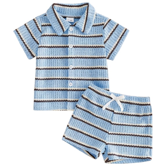 Quealent Toddler Baby Boy Summer Outfits 6 12 18 24 Months 2T 3T 4T Short Sleeve Lapel Neck Striped Print Waffle Knit Tops and Elastic Waist Shorts Clothes Set (Blue, 6-12 Months)