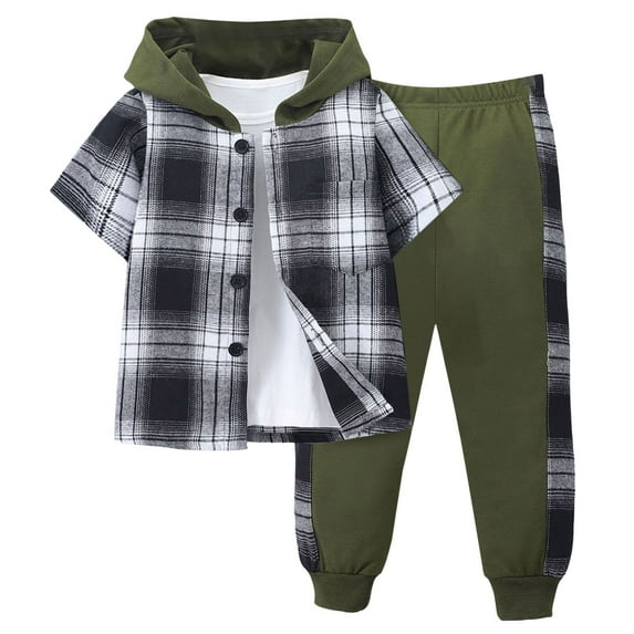 Quealent Toddler Baby Boys Clothes Plaid Button Down Hooded Shirt + Sweatpants Fall Winter Outfits Set Amry Green for Size 2-3 Years