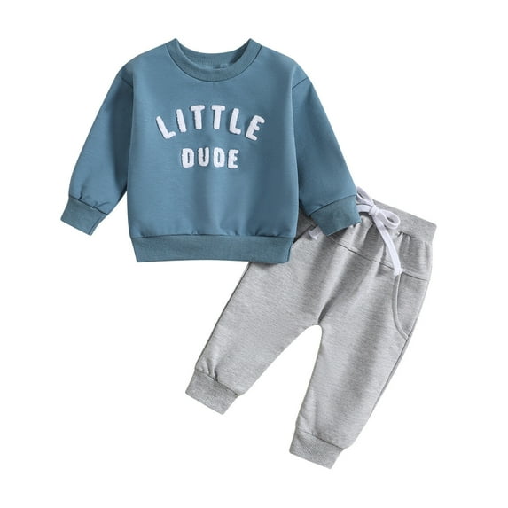 Quealent Toddler Baby Boys Girls Cute Casual Outfits Baby Boy Winter Clothes Baby Boy Fall Outfit Set Long Sleeve Letter Print Tops Solid Pants Cute Winter Clothes Blue,12-18 Months