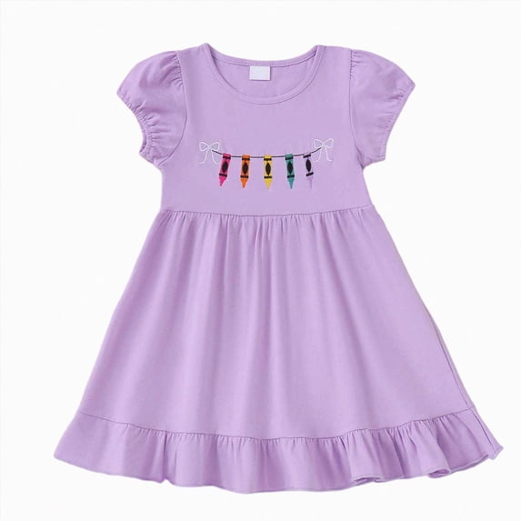 Quealent Toddler Baby Girl Back to School Dress Crayon Bow Embroidery Puff Sleeve Dresses Summer Clothes (Light Purple, 5-6 Years )