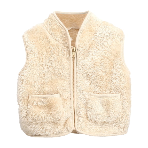 Quealent Toddler Baby Girl Boys Sleeveless Fleece Plush Vest Sherpa Waistcoat Kids Solid Color V-neck Zipper Outerwear with Pockets (Beige, 2-3 Years)