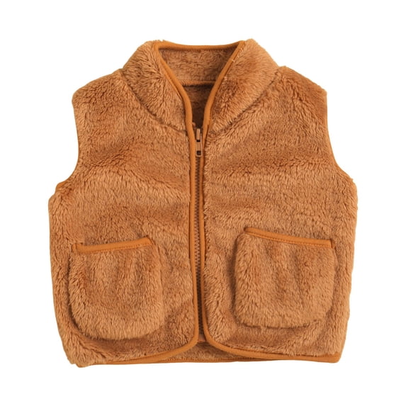 Quealent Toddler Baby Girl Boys Sleeveless Fleece Plush Vest Sherpa Waistcoat Kids Solid Color V-neck Zipper Outerwear with Pockets (Coffee, 4-5 Years)