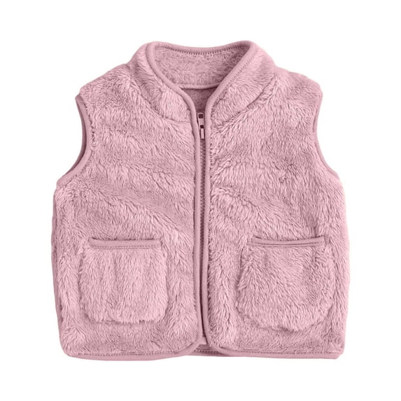 Quealent Toddler Baby Girl Boys Sleeveless Fleece Plush Vest Sherpa Waistcoat Kids Solid Color V-neck Zipper Outerwear with Pockets (Pink, 12-18 Months)