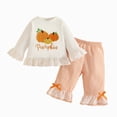 thumbnail image 1 of Quealent Toddler Baby Girl Halloween Outfit Set Pumpkin Embroidery Long Sleeve Shirt Top+ Plaid Flared Pants (White, 6-12 Months), 1 of 9