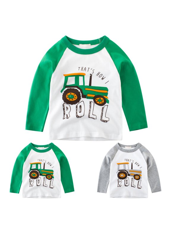 Toddler Boy Cotton Long Sleeve T-Shirt Casual Crewneck Graphic Tops Tee Fun Prints Perfect for Playtime Spring Autumn Tee (3-Green, 4-5 Years)