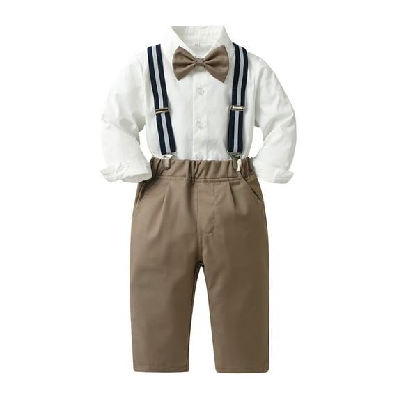 Quealent Toddler Boy Dress Clothes Baby Boys' Pants Sets Gentleman Formal Outfits Set Romper with Tie and Overalls Bib Pants Wedding Tuxedo Outfits Khaki,3-4 Years