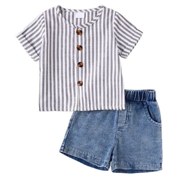 Quealent Toddler Boy Summer Clothes Pocket Button Collar Short Sleeve T-Shirt Strip Shorts 2Pcs Outfits Set (Grey, 9-12 Months)