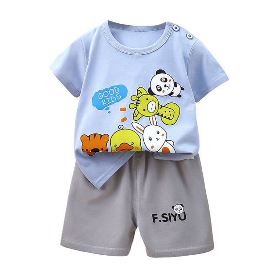 Quealent Toddler Boy Summer Short Clothes Sets Cotton Crewneck Tees Shorts Pocket Adjustable Knite Shorts Playwear Sets (Sky Blue, 5-6 Years)