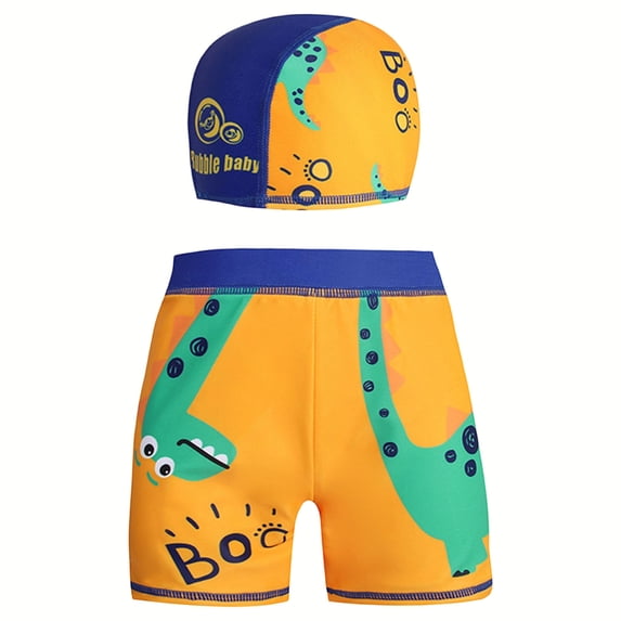 Quealent Toddler Boy' Swimwear Cartoon Prints Quick Dry Swimming Trunks with Swim Cap Board Beach Pool Swimsuits for Kids Green,Size 4-5 Y (A-Yellow, 3-4 Years)