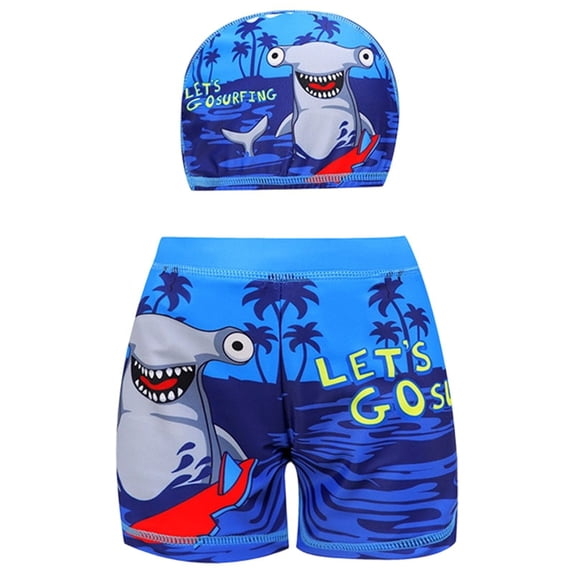 Quealent Toddler Boy' Swimwear Cartoon Prints Quick Dry Swimming Trunks with Swim Cap Board Beach Pool Swimsuits for Kids Green,Size 4-5 Y (B-Blue, 5-6 Years)