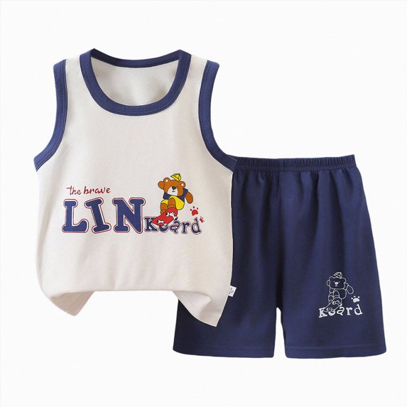 Quealent Toddler Boys 2 PCS Tank Top and Shorts Set Cotton Sleeveless Shirts and Shorts Summer Outfits (Dark Blue, 3-4 Years)