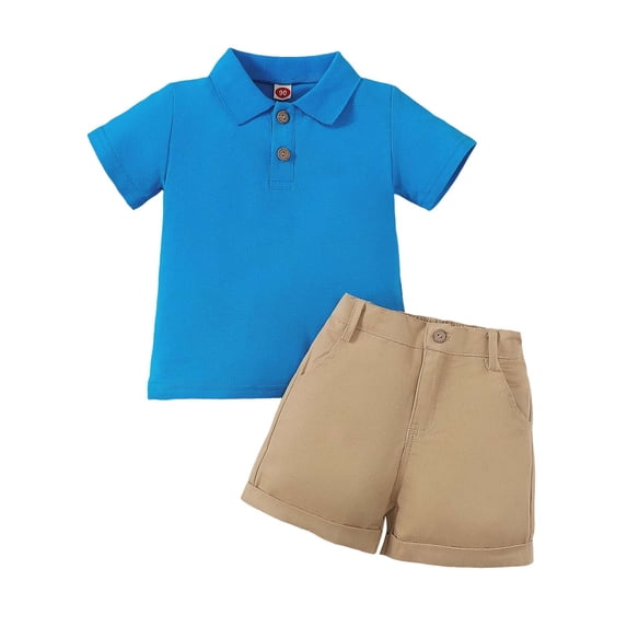 Quealent Toddler Boys 2 Piece Suit Textured Knit Polo and Shorts Striped Trim Breathable Outfit Sets (Blue, 4-5 Years)