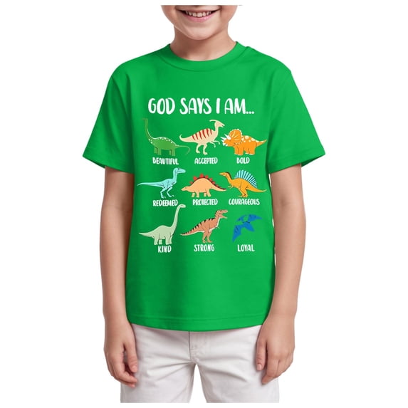 Quealent Toddler Boys Dinosaur Shirts God Says I Am Dino Bible Verse T-Shirt Christian Outfit Religious Short Sleeve Tees Tops (Green, 7-8 Years)