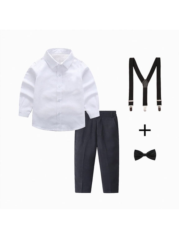 Toddler Boys Formal Suit Long Sleeve Suspender Pants Solid Shirt, Bowtie, Little Gentleman Wedding Outfits Clothes (Black, 3-4 Years)