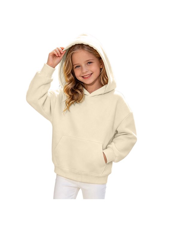 Toddler Boys Girls Hooded Sweatshirt Solid Pullovers Long Sleeve Hoodie Kids Cotton Crewneck Fall Tops Blouse (Beige, 13-14 Years)