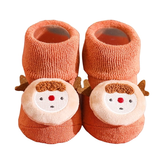 Quealent Toddler Christmas Socks kids Slipper Socks Baby Winter Wram Non Slip Sock Boy Girl Cartoon Pattern 2025 Orange for Size 0-6 Months