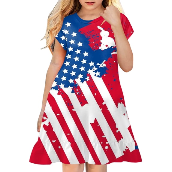 Quealent Toddler Girls American Flag Dress USA Stars Striped Kids Patriotic Summer Clothes 4th of July Outfit for Girl Party Hot Pink,5-6 Years