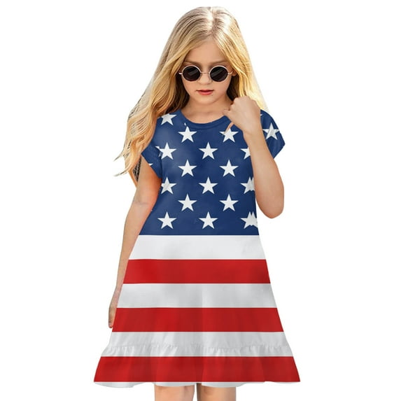Quealent Toddler Girls American Flag Dress USA Stars Striped Kids Patriotic Summer Clothes 4th of July Outfit for Girl Party Purple,7-8 Years