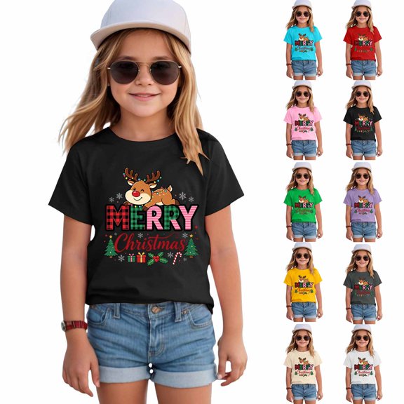 Quealent Toddler Girls Christmas Shirts Short Sleeve Round Neck Tees T-Shirt Christmas Graphic Tees Holiday Tops Toddler to Big Kids (3-White, 5-6 Years)