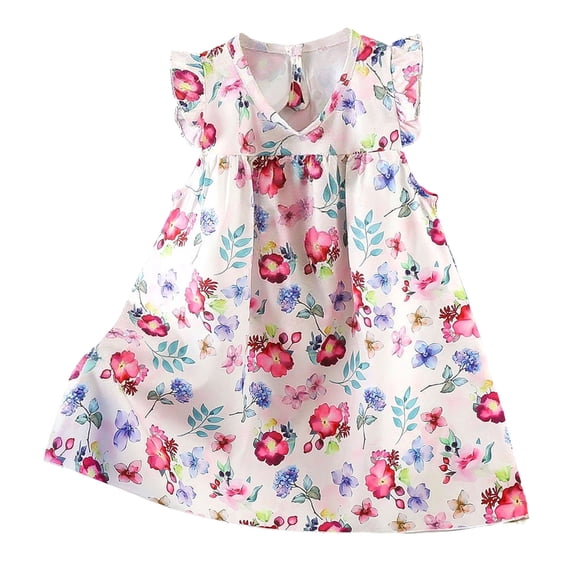 Quealent Toddler Girls Dress Cartoon Casual Dresses Flutter Sleeve Outfits 2-8Y (Pink, 5-6 Years)