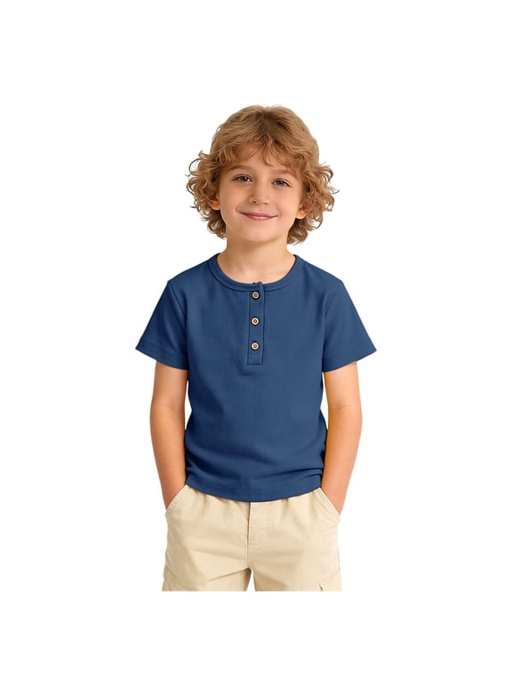 Toddler Henley Shirt Ribbed Cotton Top for Boys Girls Soft Breathable Short Sleeve T-Shirt with Button (Blue, 3-4 Years)