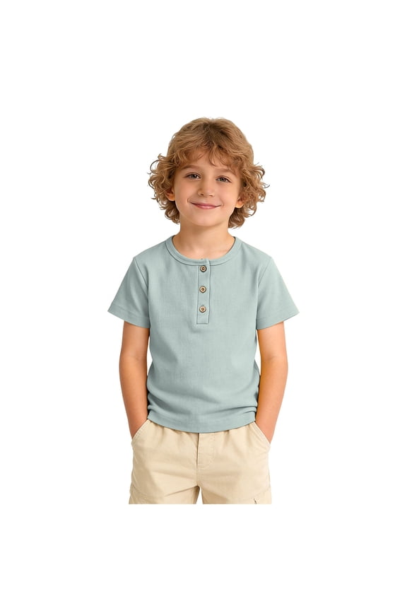Toddler Henley Shirt Ribbed Cotton Top for Boys Girls Soft Breathable Short Sleeve T-Shirt with Button (Light Green, 1-2 Years)