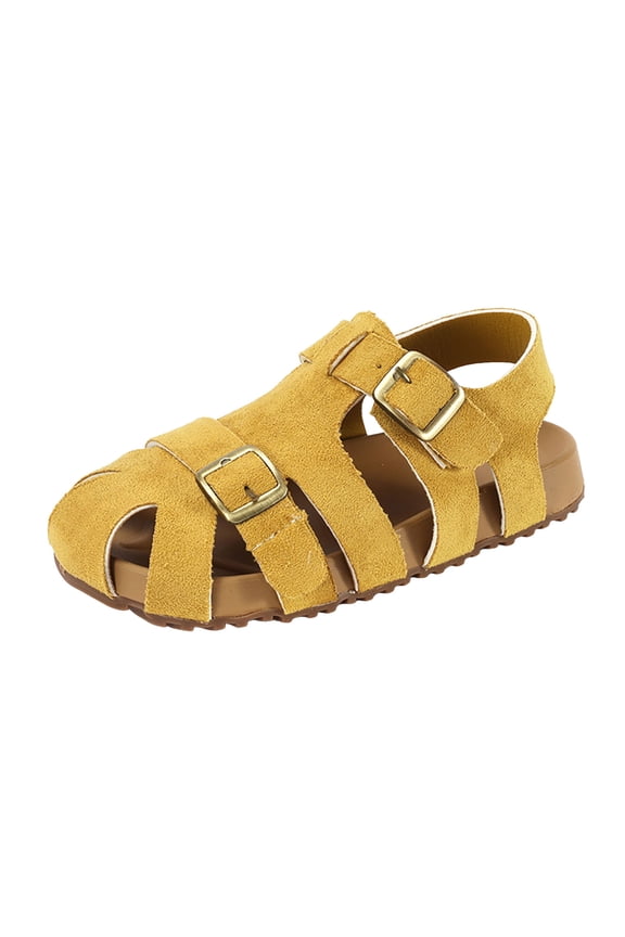 Toddler Kids Sandals Boys Girls Cork Footbed Sandals with Adjustable Buckle Casual Slides Closed Toes Flat Yellow for Toddler 9
