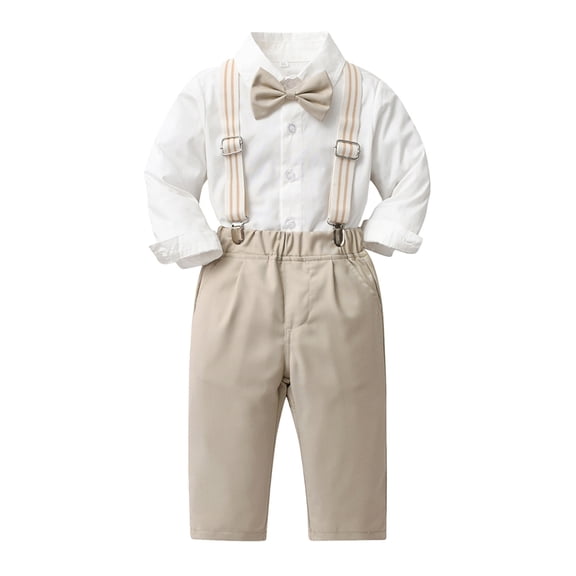Quealent Toddler Outfits For Boys Baby Girl Suspenders Pant Sets Baby Boy Clothes Suits, Toddler Dress Shirt with Bowtie + Suspender Pants Outfit Sets Gentleman Wedding Beige,4-5 Years