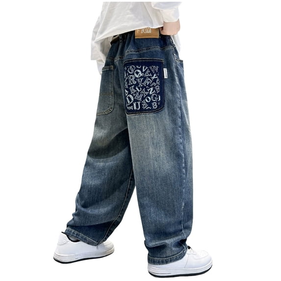 Quealent Tween Boys Straight Leg Jeans Elastic Waistband Loose Denim Pants with Building Pattern for Kids Clothes Boys Blue for Size 9-10 Years