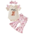 thumbnail image 1 of Quealent Western Baby Girl Clothes Short Sleeve Cowgirl Romper Onesie Boots Flared Pants Headband 3Pcs Summer Outfit 0-18M (Beige, 0-3 Months), 1 of 5