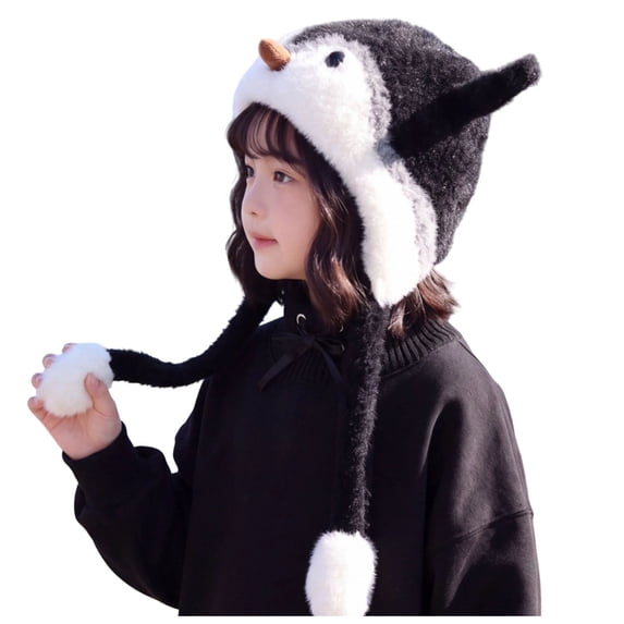 Quealent Winter Hats for Kids, Girls Penguin Knit Plush Warm Hat, Skiing Winter Caps with Warm Ear Flap, Cute Penguin Hat for Kids (Black, 2-8 Years)