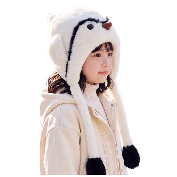 Quealent Winter Hats for Kids, Girls Penguin Knit Plush Warm Hat, Skiing Winter Caps with Warm Ear Flap, Cute Penguin Hat for Kids (White, 2-8 Years)