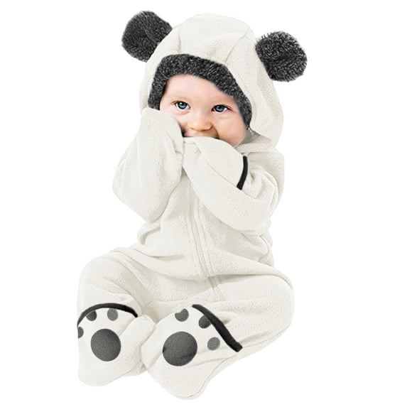 Quealent Winter Newborn Baby Boy Girl Solid Romper Unisex Infants Hooded Outfit Clothes Cotton Button Jumpsuits White,12-18 Months