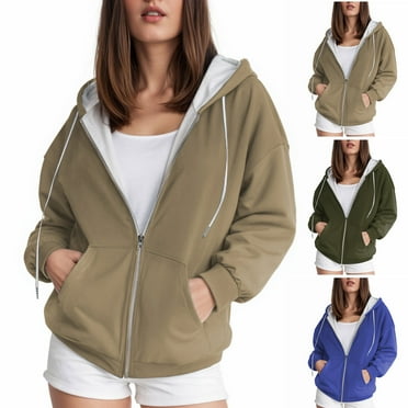 Quealent Women Cropped Zip Up Hoodie Solid Color Zipper Short Crop Sweatshirt Jacket Sweater Oversized Outwear Coats with Pockets