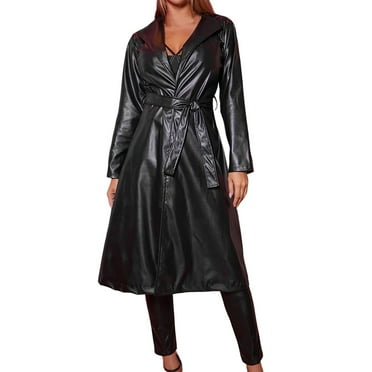 Quealent Women Leather Trench Coat Lapel Open Front Long Sleeve Motorcycle Biker Pu Blazer Jacket Overcoat with Belt (Black,L)