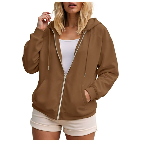 Quealent Women Plus Size Zip Up Hoodies Long Sleeve Sweatshirt Long Fleece Hoodie Jacket with Pockets Brown,Size M