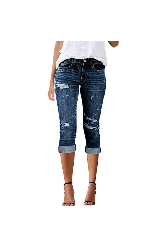 Women plus Size Camouflage Perforated Elastic Denim Capris Women's Elastic Waist Pants Denim Women Pants Blue M