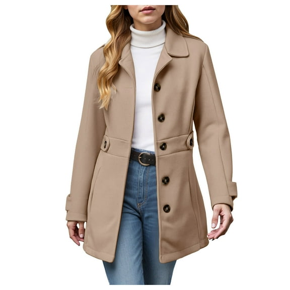 Quealent Women's Casual Thicken Wool Blend Stand Collar Single Breasted Pea Coat Khaki for Size L