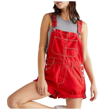 Quealent Women's Denim Shortalls Adjustable Straps Bib Overalls Shorts Jean Romper with Pockets (Red,M)
