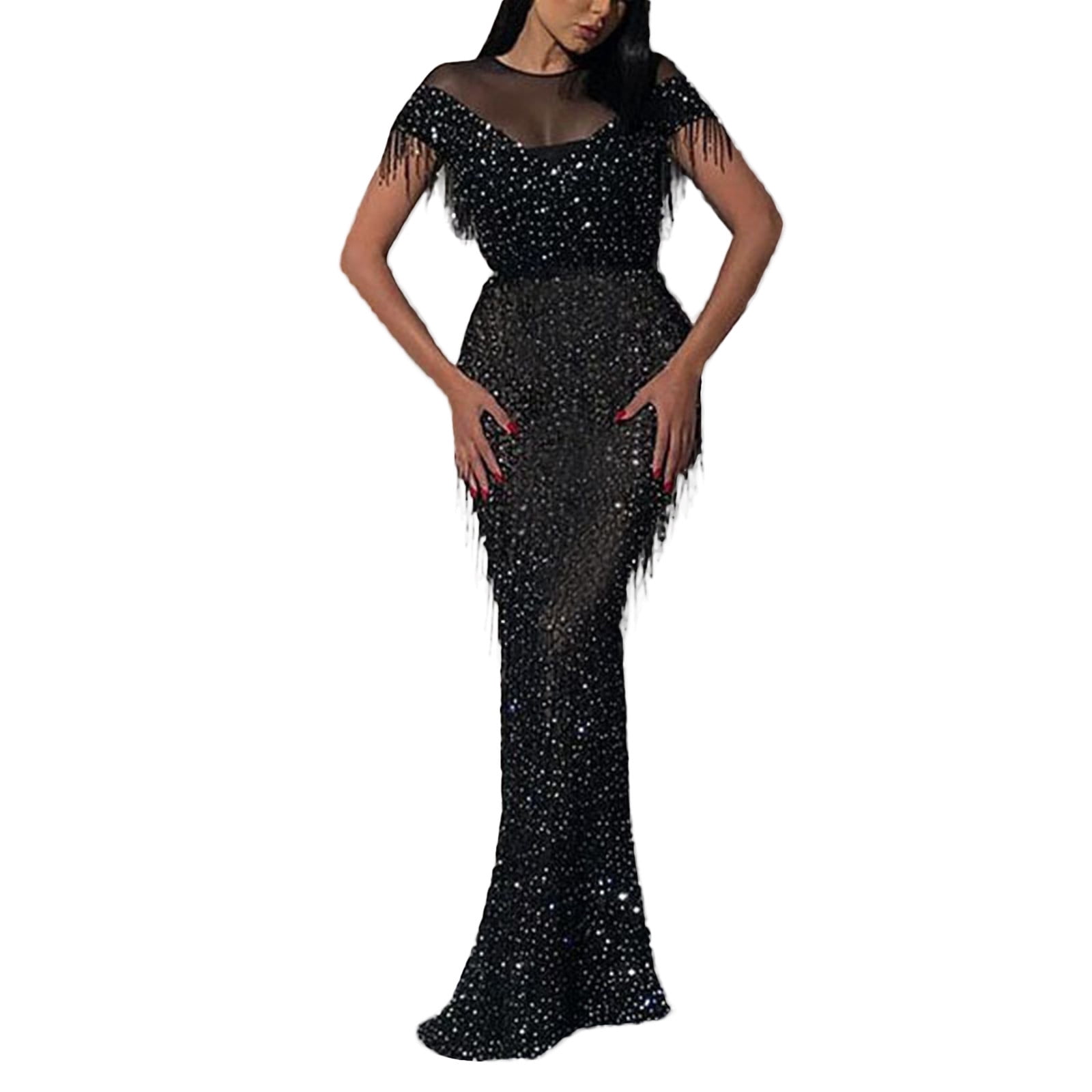 Quealent Women’s Formal Sequin Dress Cap Sleeve Elegant Mermaid Dress