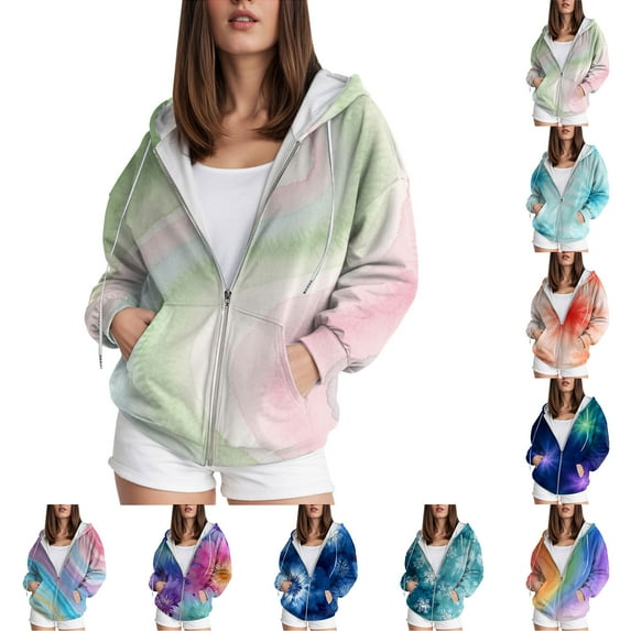 Quealent Women's Full Zip Up Hoodie Long Sleeve Hooded Sweatshirts Pockets Jacket Coat for Women Multicolour for Size L