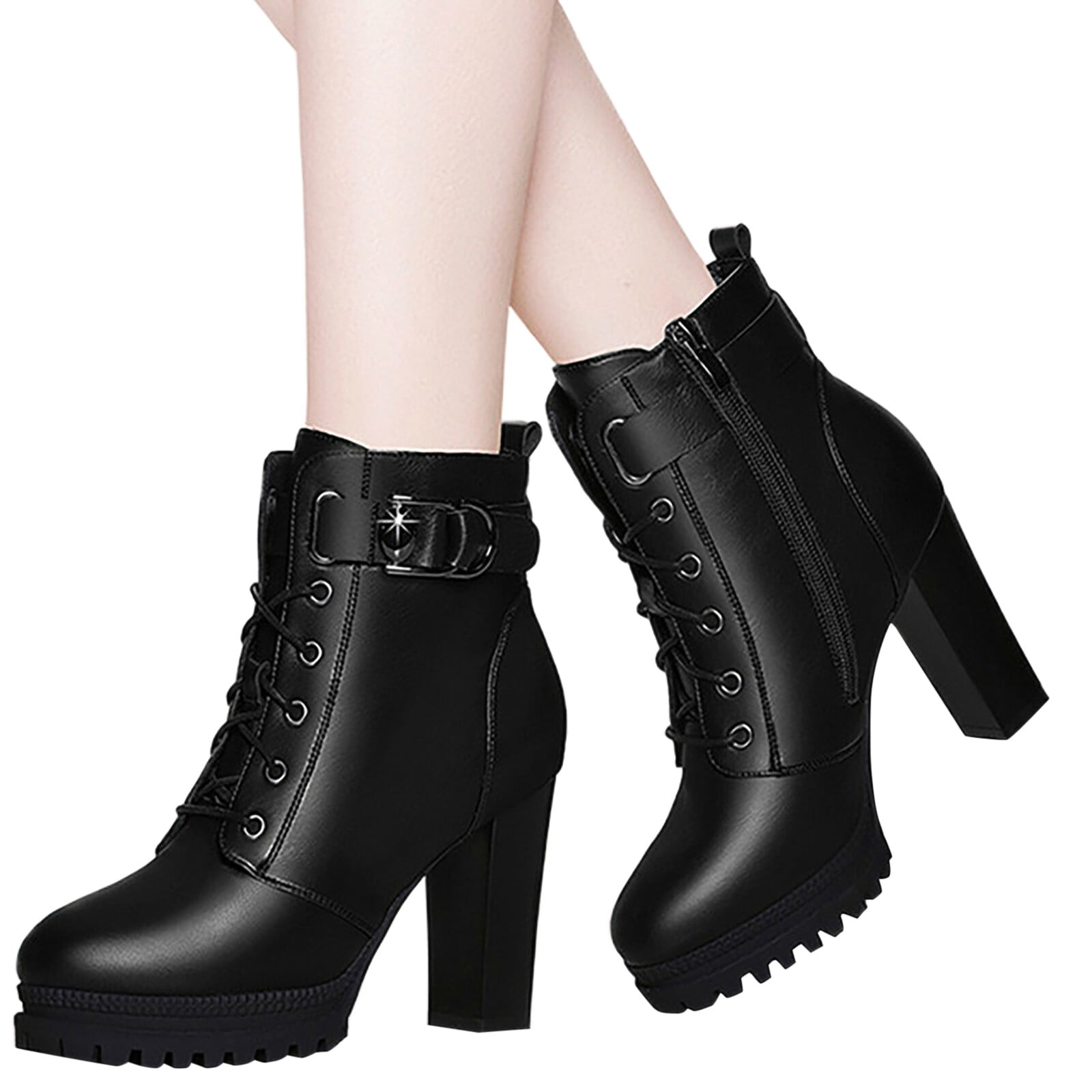 Quealent Women's Lace up Combat Ankle Boots High Heel Fashion Heeled