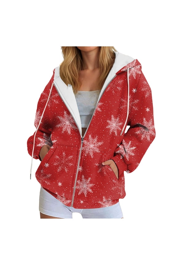 Women's Novelty Christmas Print Zip Up Hoodies Long Sleeve Hooded Sweatshirt Jacket with Pocket Red for Size S