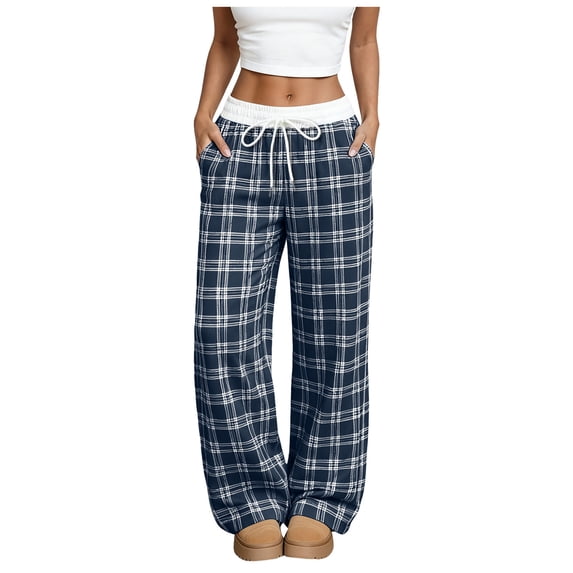 Quealent Women's Plaid Checkered Pants Flannel Pajama Pants Lounge Wide Leg Baggy Sweatpants with Pockets Blue for Size S