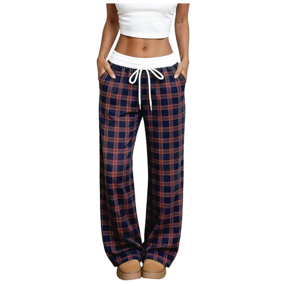 Quealent Women's Plaid Checkered Pants Flannel Pajama Pants Lounge Wide Leg Baggy Sweatpants with Pockets Red for Size XL