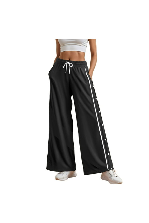 Women's Tear Away Wide Leg Pants Elastic Waist Baggy Sweatpants Side Snap Pull On Track Pants with Pockets Black for Size 2XL
