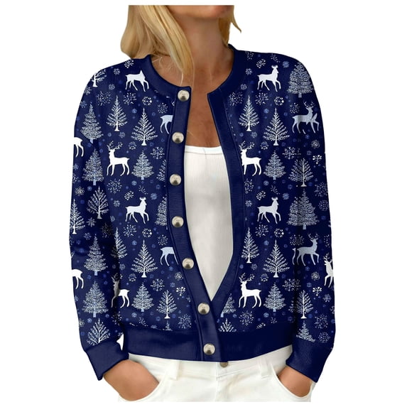 Quealent Womens Christmas Cardigan Casual Funny Reindeer Button Knit Open Front Cute Sweater for Holiday Party Dark Blue for Size M
